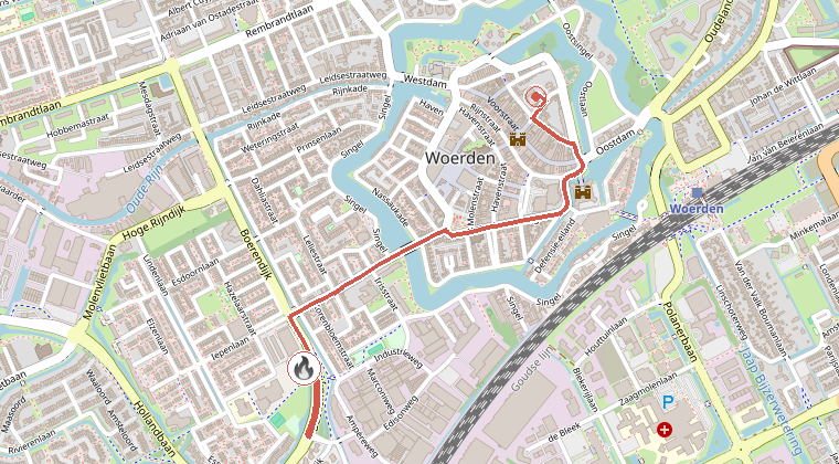 Kaart van de omgeving van de melding, met de kazerne die is gealarmeerd