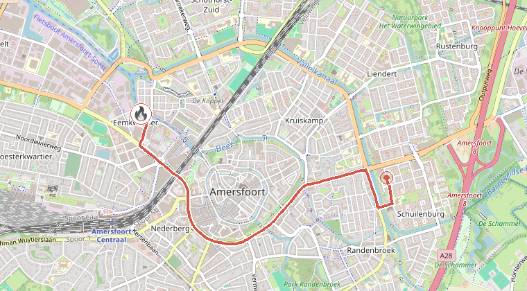 Kaart van de omgeving van de melding, met de kazerne die is gealarmeerd
