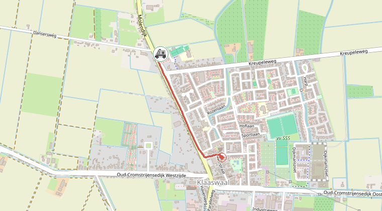 Kaart van de omgeving van de melding, met de kazerne die is gealarmeerd
