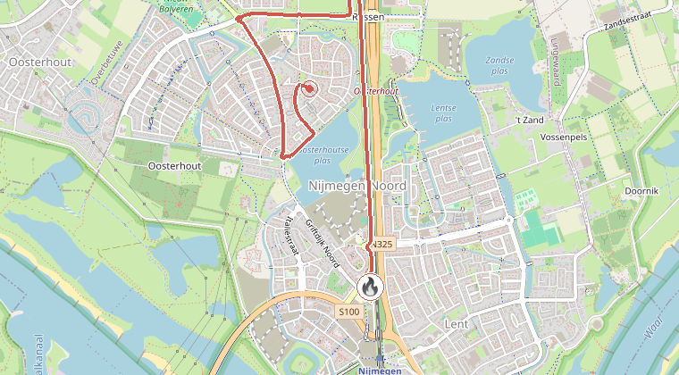 Kaart van de omgeving van de melding, met de kazerne die is gealarmeerd