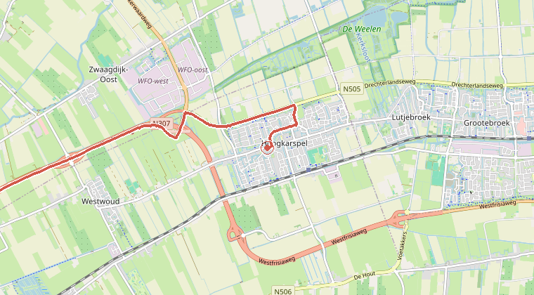 Kaart van de omgeving van de melding, met de kazerne die is gealarmeerd