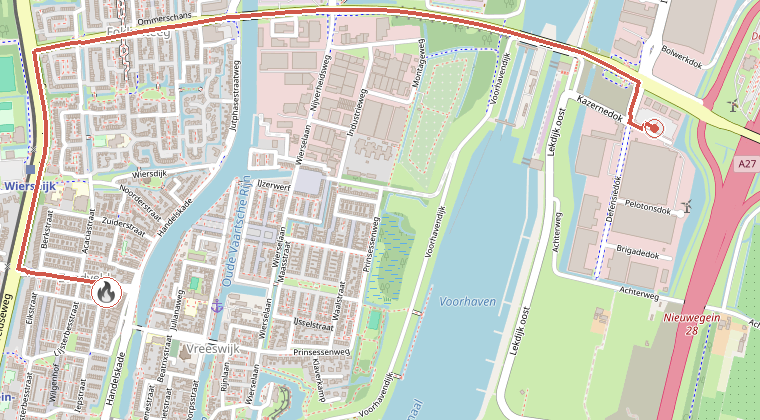 Kaart van de omgeving van de melding, met de kazerne die is gealarmeerd