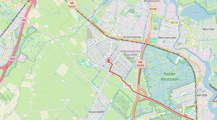 Kaart van de omgeving van de melding, met de kazerne die is gealarmeerd