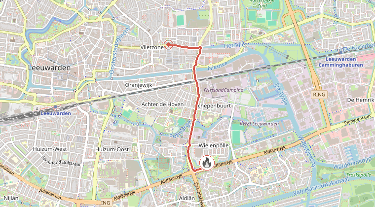 Kaart van de omgeving van de melding, met de kazerne die is gealarmeerd