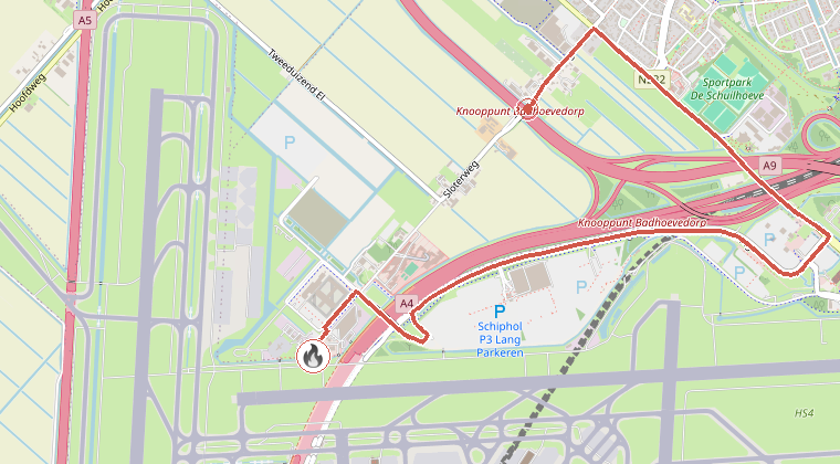 Kaart van de omgeving van de melding, met de kazerne die is gealarmeerd