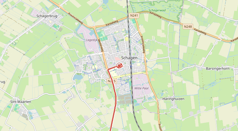 Kaart van de omgeving van de melding, met de kazerne die is gealarmeerd