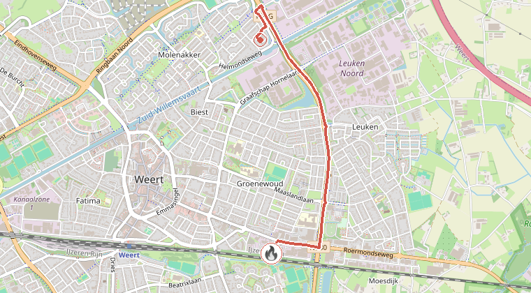 Kaart van de omgeving van de melding, met de kazerne die is gealarmeerd