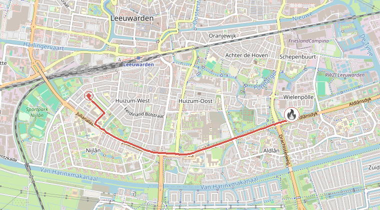 Kaart van de omgeving van de melding, met de kazerne die is gealarmeerd