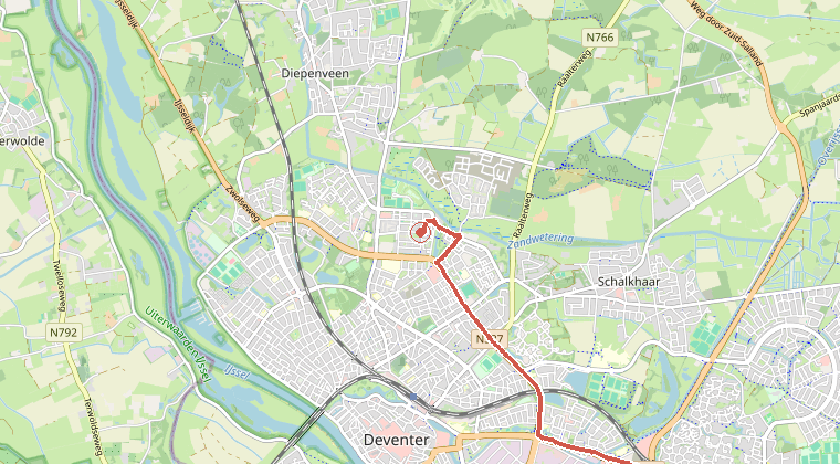 Kaart van de omgeving van de melding, met de kazerne die is gealarmeerd