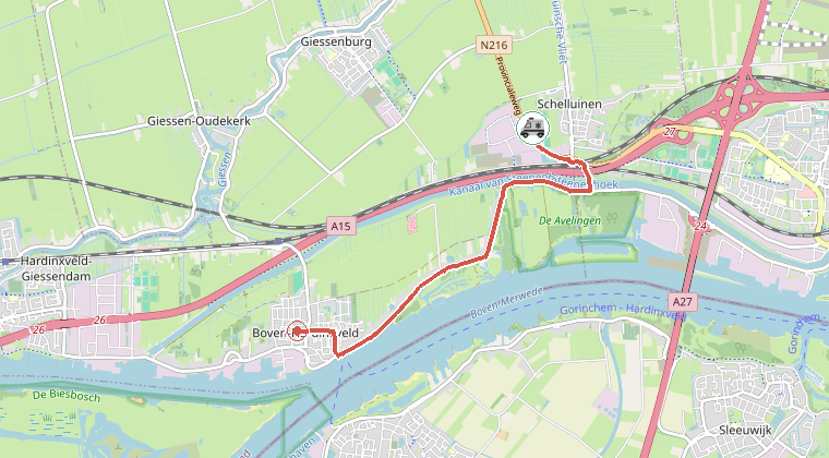 Kaart van de omgeving van de melding, met de kazerne die is gealarmeerd