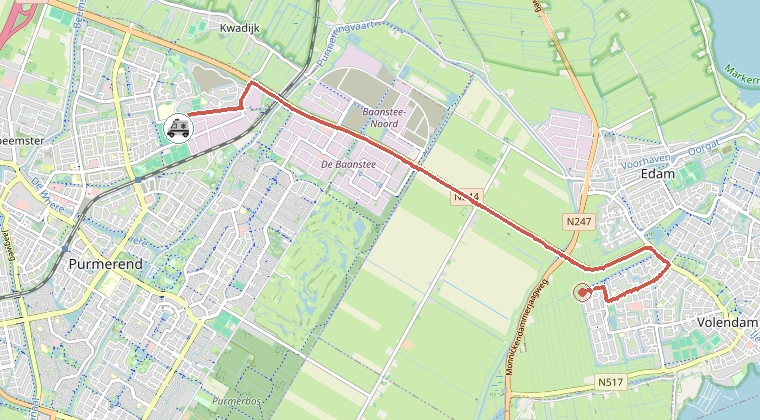 Kaart van de omgeving van de melding, met de kazerne die is gealarmeerd
