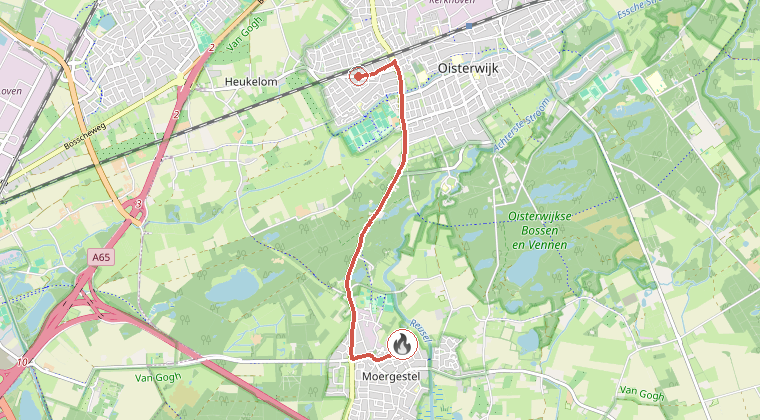 Kaart van de omgeving van de melding, met de kazerne die is gealarmeerd