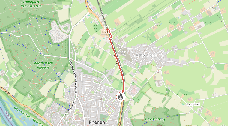 Kaart van de omgeving van de melding, met de kazerne die is gealarmeerd