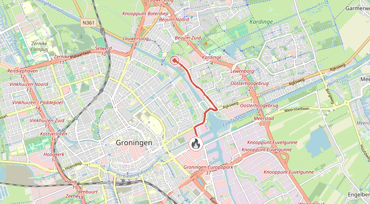Kaart van de omgeving van de melding, met de kazerne die is gealarmeerd