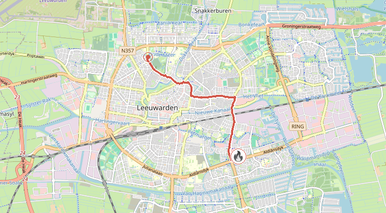 Kaart van de omgeving van de melding, met de kazerne die is gealarmeerd