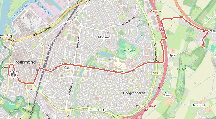 Kaart van de omgeving van de melding, met de kazerne die is gealarmeerd