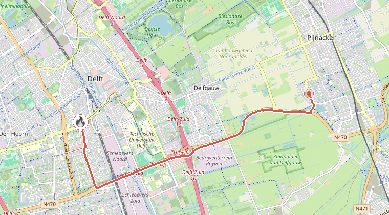 Kaart van de omgeving van de melding, met de kazerne die is gealarmeerd