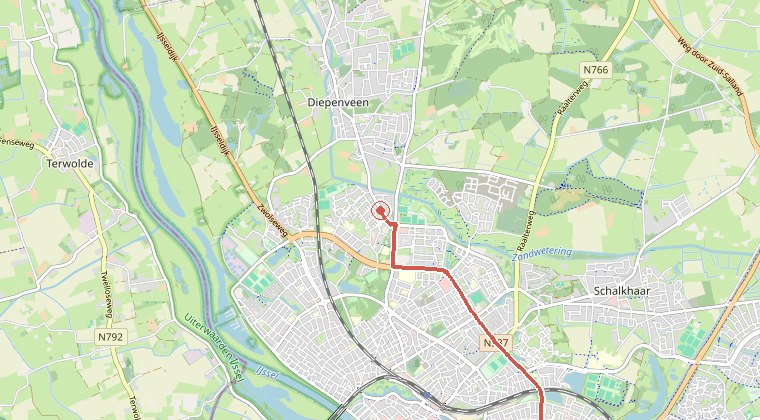 Kaart van de omgeving van de melding, met de kazerne die is gealarmeerd