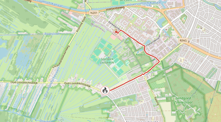 Kaart van de omgeving van de melding, met de kazerne die is gealarmeerd