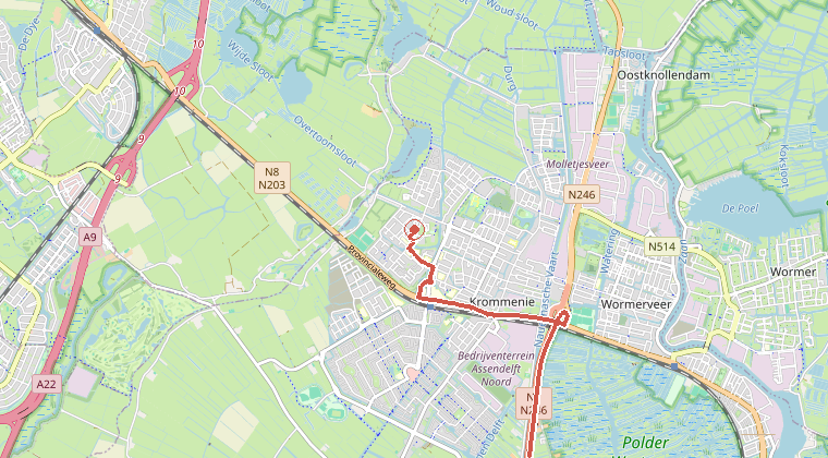 Kaart van de omgeving van de melding, met de kazerne die is gealarmeerd