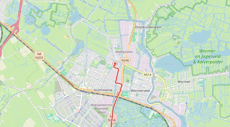 Kaart van de omgeving van de melding, met de kazerne die is gealarmeerd