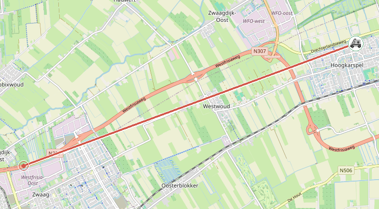 Kaart van de omgeving van de melding, met de kazerne die is gealarmeerd