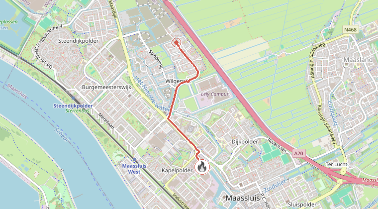 Kaart van de omgeving van de melding, met de kazerne die is gealarmeerd