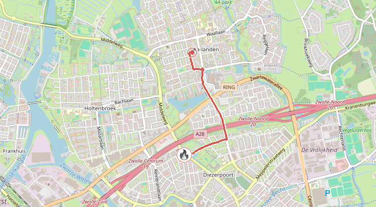 Kaart van de omgeving van de melding, met de kazerne die is gealarmeerd