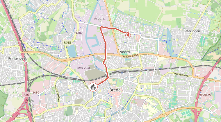 Kaart van de omgeving van de melding, met de kazerne die is gealarmeerd