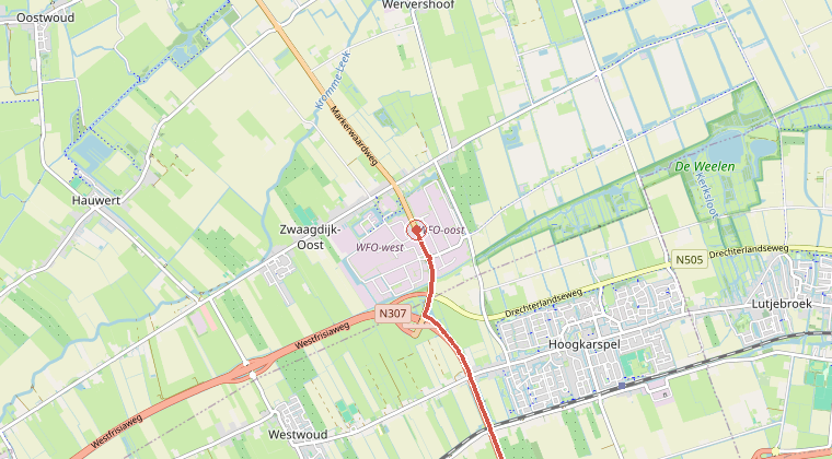 Kaart van de omgeving van de melding, met de kazerne die is gealarmeerd