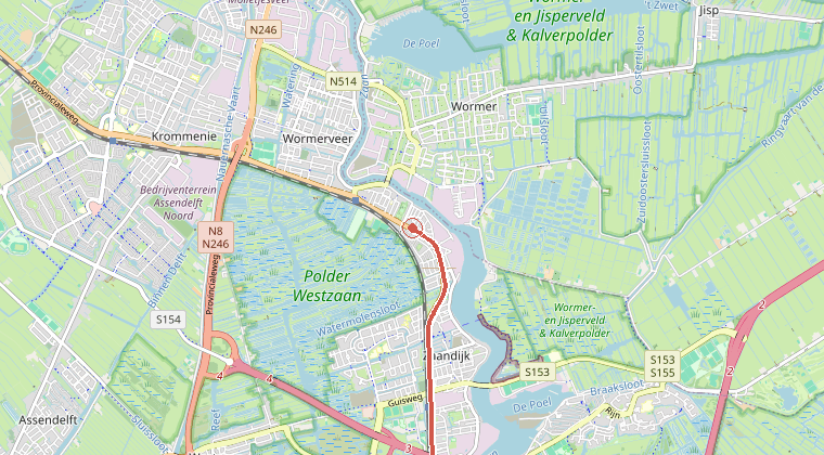 Kaart van de omgeving van de melding, met de kazerne die is gealarmeerd