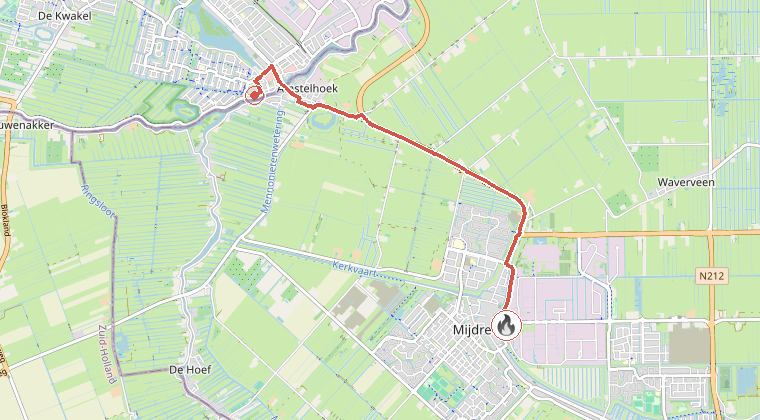 Kaart van de omgeving van de melding, met de kazerne die is gealarmeerd