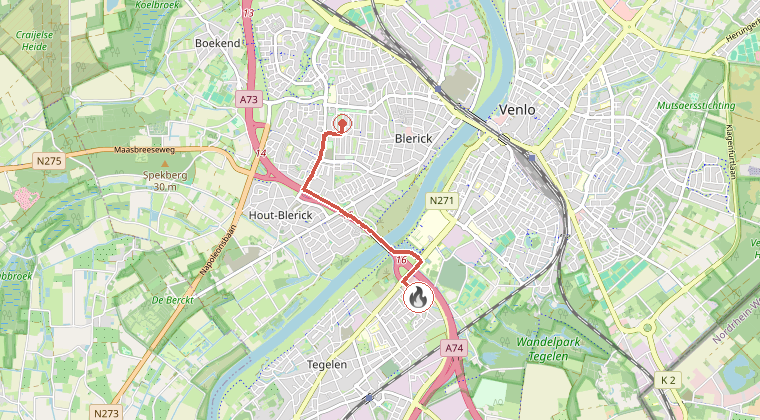 Kaart van de omgeving van de melding, met de kazerne die is gealarmeerd