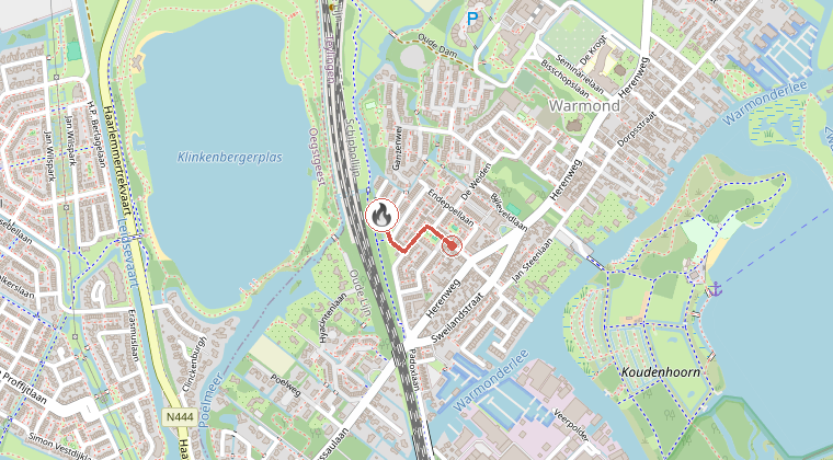 Kaart van de omgeving van de melding, met de kazerne die is gealarmeerd