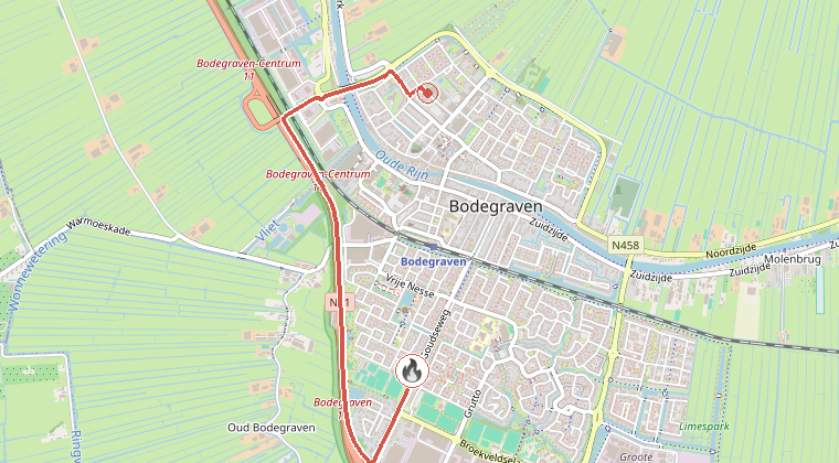 Kaart van de omgeving van de melding, met de kazerne die is gealarmeerd