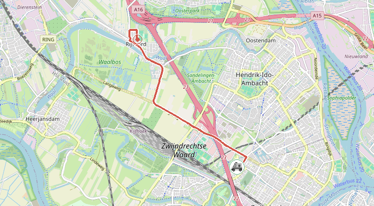 Kaart van de omgeving van de melding, met de kazerne die is gealarmeerd