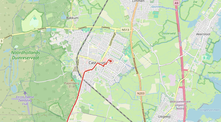 Kaart van de omgeving van de melding, met de kazerne die is gealarmeerd