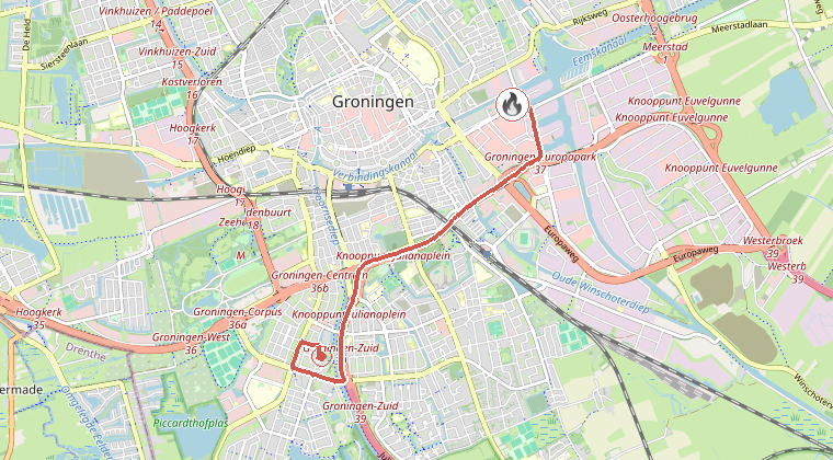 Kaart van de omgeving van de melding, met de kazerne die is gealarmeerd