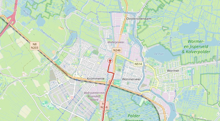 Kaart van de omgeving van de melding, met de kazerne die is gealarmeerd
