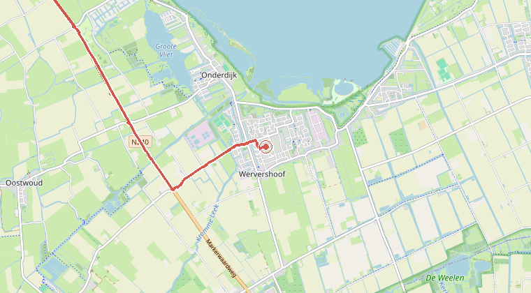 Kaart van de omgeving van de melding, met de kazerne die is gealarmeerd