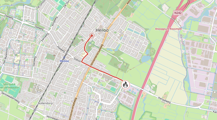 Kaart van de omgeving van de melding, met de kazerne die is gealarmeerd