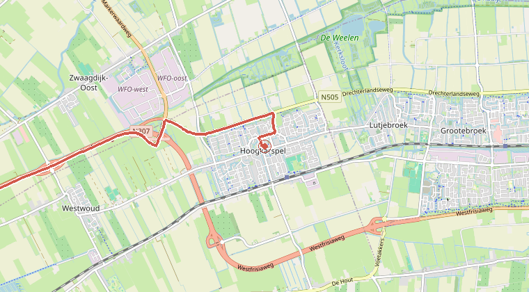 Kaart van de omgeving van de melding, met de kazerne die is gealarmeerd