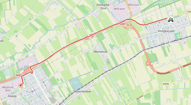 Kaart van de omgeving van de melding, met de kazerne die is gealarmeerd