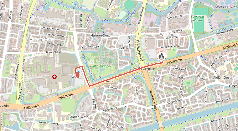 Kaart van de omgeving van de melding, met de kazerne die is gealarmeerd