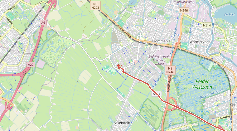 Kaart van de omgeving van de melding, met de kazerne die is gealarmeerd