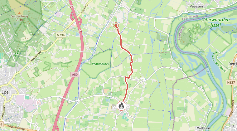 Kaart van de omgeving van de melding, met de kazerne die is gealarmeerd