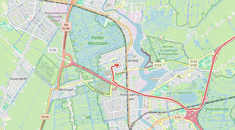 Kaart van de omgeving van de melding, met de kazerne die is gealarmeerd