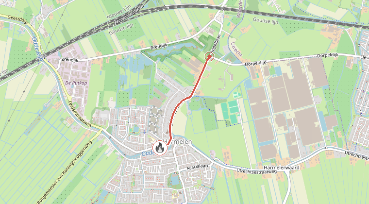 Kaart van de omgeving van de melding, met de kazerne die is gealarmeerd