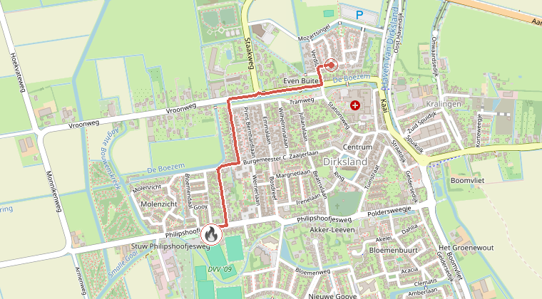 Kaart van de omgeving van de melding, met de kazerne die is gealarmeerd