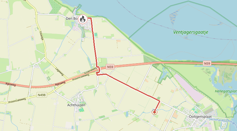 Kaart van de omgeving van de melding, met de kazerne die is gealarmeerd